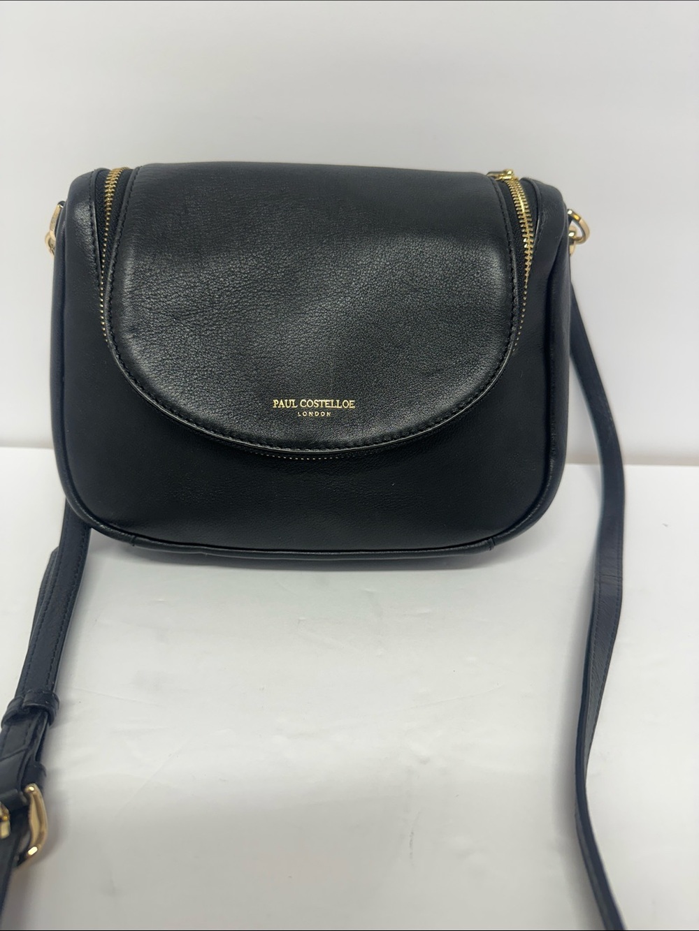 Paul Costelloe London Black Leather Crossbody Saddle Bag with Gold Details